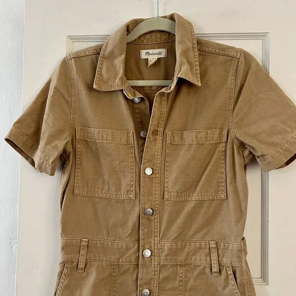 Madewell Garment Dyed Relaxed Coverall Shorts Jumpsuit Khaki Tan Size S